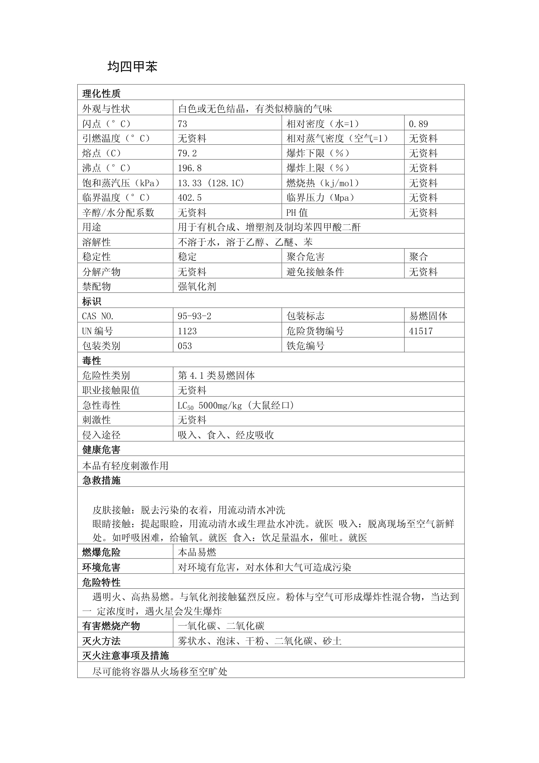 均四甲苯安全技術(shù)說(shuō)明書